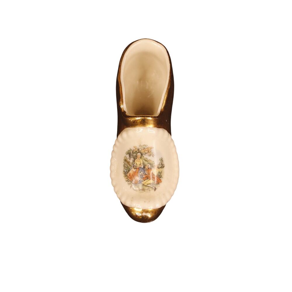 Vintage Ladislav Gold Porcelain Shoe w/ Romantic Couple Medallion Figurine 3.5"